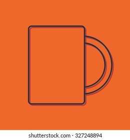 Vector blue outline cup for tea or coffee icon on orange background with shadow 