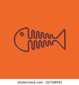 Vector blue outline fishbone icon on orange background with shadow 