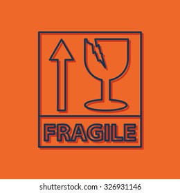 Vector blue outline fragile icon on orange background with shadow 