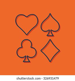 Vector blue outline game casino cards suit icon on orange background with shadow 