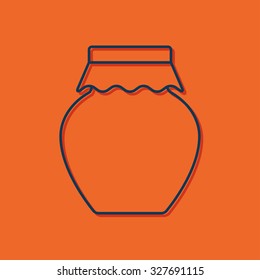 Vector blue outline homemade jam bottle template on orange background with shadow 