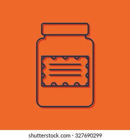 Vector blue outline kitchen bottle template on orange background with shadow 