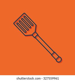 Vector blue outline kitchen spatula icon on orange background with shadow 