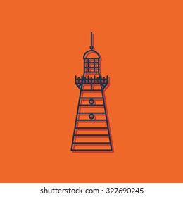 Vector blue outline lighthouse icon on orange background with shadow 