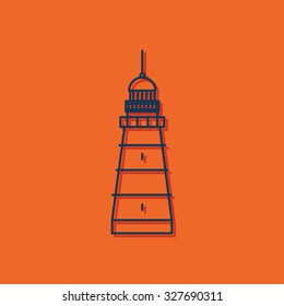 Vector blue outline lighthouse icon on orange background with shadow 