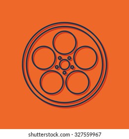 Vector blue outline retro bobbin icon on orange background with shadow 