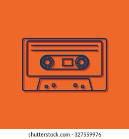 Vector blue outline retro cassette icon on orange background with shadow 