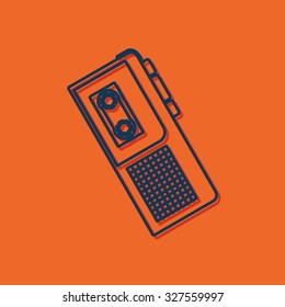 Vector blue outline retro dictaphone icon on orange background with shadow 