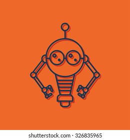 Vector blue outline retro robot toy icon on orange background with shadow 