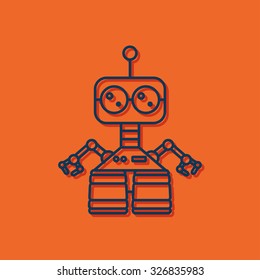 Vector blue outline retro robot toy icon on orange background with shadow 