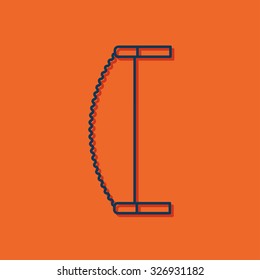 Vector blue outline saw icon on orange background with shadow . Industrial equipment 