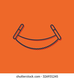 Vector blue outline saw icon on orange background with shadow . Industrial equipment 