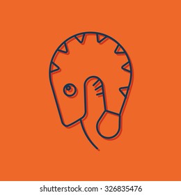 Vector blue outline shrimp icon on orange background with shadow 