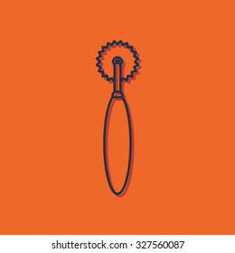 Vector blue outline tailor cutter icon on orange background with shadow 