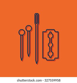 Vector blue outline tailor pins needle blade icon on orange background with shadow 