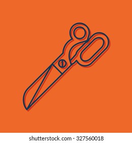 Vector blue outline tailor scissors icon on orange background with shadow 