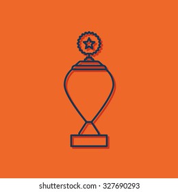 Vector blue outline trophy goblet icon on orange background with shadow . Winner award 