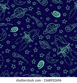 Vector blue outlines space shuttle blast off with stars, moon and comet monochrome repeat pattern. Great for kids wall murals and wrapping paper or fabric.