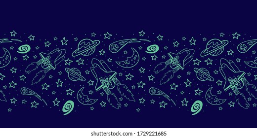 Vector blue outlines space shuttle blast off with stars, moon and comet monochrome horizontal border pattern. Great for kids wall murals.