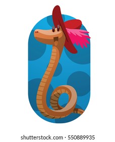 Vector blue oval frame with cartoon image of a funny orange snake with a red hat with pink feather on her head, smiling in the center on a white background. Vector illustration.