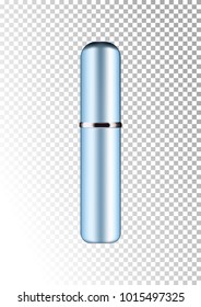 Vector blue package for cosmetic products tube and perfume flacon, bottle for deodorant, hair spray. Realistic metallic container. Mock up vector illustration isolated on white-transparent background.