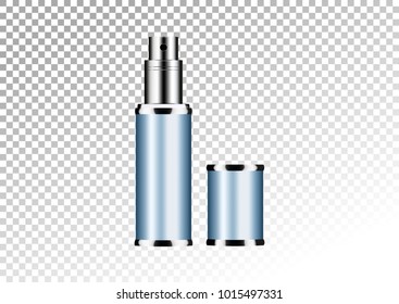 Vector blue package for cosmetic products tube and perfume flacon, bottle for deodorant, hair spray. Realistic metallic container. Mock up vector illustration isolated on white-transparent background.