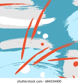 Vector blue paint, orange ink brush stroke, line texture. Dirty splashes artistic element, background for text. Pattern in memphis style. Design for printing brochure, poster, textile design, card.