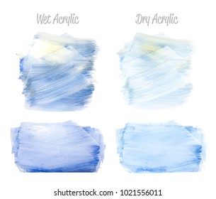 Vector blue paint smear stroke stain set. Abstract gold glittering textured art illustration. Acrylic Texture Paint Stain Illustration. Hand drawn brush strokes vector elements. Acrilyc strokes.