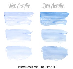 Vector blue paint smear stroke stain set. Abstract acrylic textured art illustration. Wet and Dry Acrylic Texture Paint Stain Illustration. Hand drawn brush strokes vector elements. 