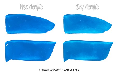 Vector blue paint smear stroke stain set. Abstract acrylic textured art illustration. Wet and Dry Acrylic Texture Paint Stain Illustration. Hand drawn brush strokes vector elements. Acrilyc strokes.