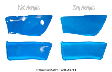 Vector blue paint smear stroke stain set. Abstract acrylic textured art illustration. Wet and Dry Acrylic Texture Paint Stain Illustration. Hand drawn brush strokes vector elements. Acrilyc strokes.
