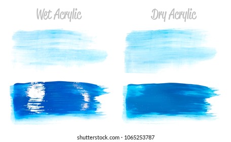 Vector blue paint smear stroke stain set. Abstract acrylic textured art illustration. Wet and Dry Acrylic Texture Paint Stain Illustration. Hand drawn brush strokes vector elements. Acrilyc strokes.