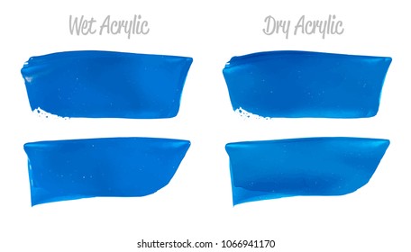 Vector blue paint smear stroke stain set. Abstract acrylic textured art illustration. Wet and Dry Acrylic Texture Paint Stain Illustration. Hand drawn brush strokes vector elements. Acrilyc strokes.