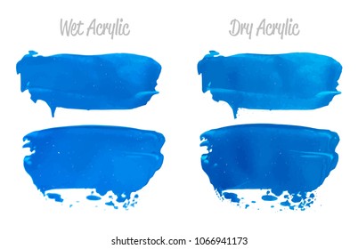 Vector blue paint smear stroke stain set. Abstract acrylic textured art illustration. Wet and Dry Acrylic Texture Paint Stain Illustration. Hand drawn brush strokes vector elements. Acrilyc strokes.