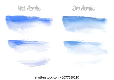 Vector blue paint smear stroke stain set. Abstract acrylic textured art illustration. Wet and Dry Acrylic Texture Paint Stain Illustration. Hand drawn brush strokes vector elements. Acrilyc strokes.