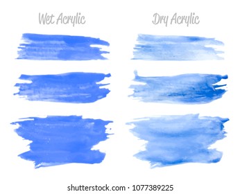 Vector blue paint smear stroke stain set. Abstract acrylic textured art illustration. Wet and Dry Acrylic Texture Paint Stain Illustration. Hand drawn brush strokes vector elements. Acrilyc strokes.