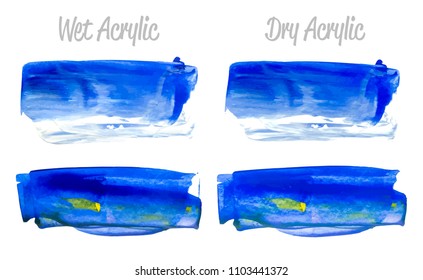 Vector blue paint smear stroke stain set. Abstract acrylic textured art illustration. Wet and Dry Acrylic Texture Paint Stain Illustration. Hand drawn brush strokes vector elements. Acrilyc strokes.