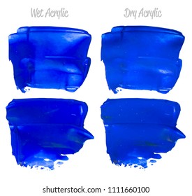Vector blue paint smear stroke stain set. Abstract acrylic textured art illustration. Wet and Dry Acrylic Texture Paint Stain Illustration. Hand drawn brush strokes vector elements. Acrilyc strokes.