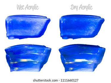 Vector blue paint smear stroke stain set. Abstract acrylic textured art illustration. Wet and Dry Acrylic Texture Paint Stain Illustration. Hand drawn brush strokes vector elements. Acrilyc strokes.
