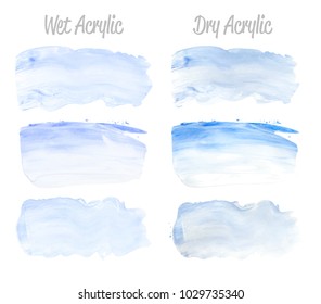 Vector blue paint smear strokes stain set. Abstract acrylic art illustration. Wet and Dry Acrylic Texture Paint Stain Illustration. Hand drawn brush strokes vector elements. Acrilyc strokes.