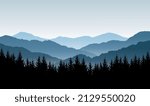 Vector blue panoramic landscape with silhouettes of mountains and forest