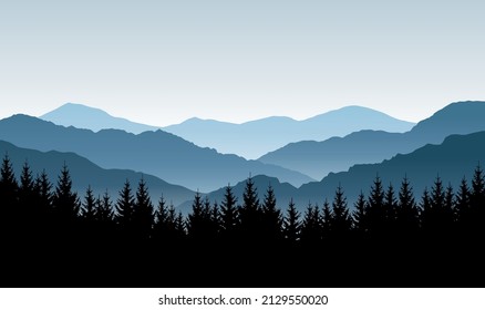 Paisaje panorámico azul vectorial con siluetas de montaña y bosque