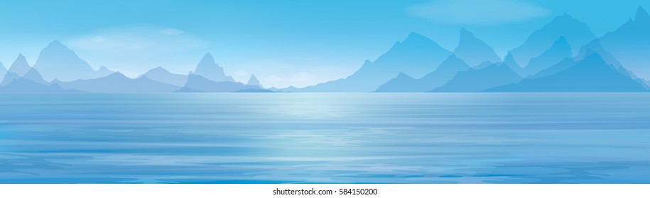 Vector blue panoramic sea scene,  mountains  background.