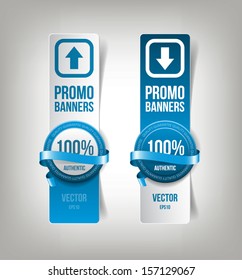 Vector blue paper banners with round plastic badges with silky decorative ribbons, "100% authentic"