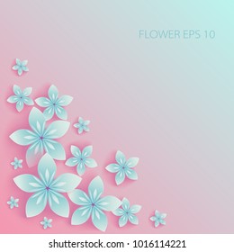 Vector blue Paper flowers on pink background, origami.