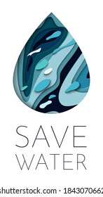 Diseño de corte de papel de papel azul vectorial de agua. Estilo de arte de papel.Guardar recursos de agua en tierra