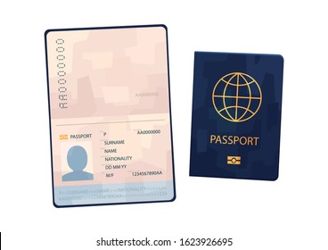 Vector blue passport in cartoon style on white background