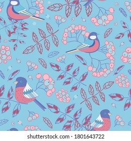 Vector blue pastel ash berries and birds texture background seamless pattern print