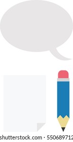 Vector blue pencil with blank paper and grey speech bubble.
