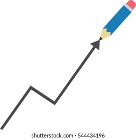 Vector blue pencil drawing black graph arrow pointing up.